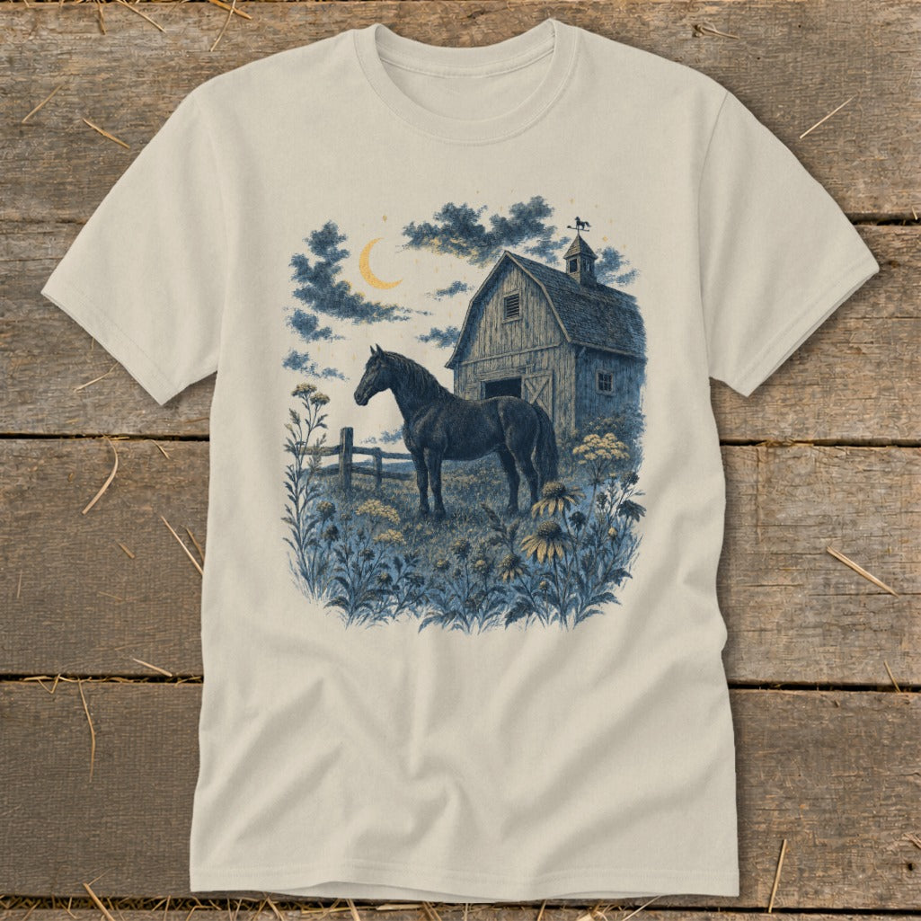 Black horse in a field of flowers by a barn under a crescent moon.