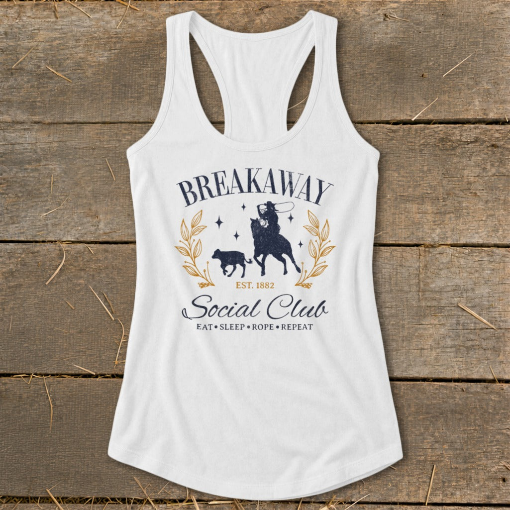 White tank top with "Breakaway Social Club" graphic and a cowboy on a horse roping a calf.