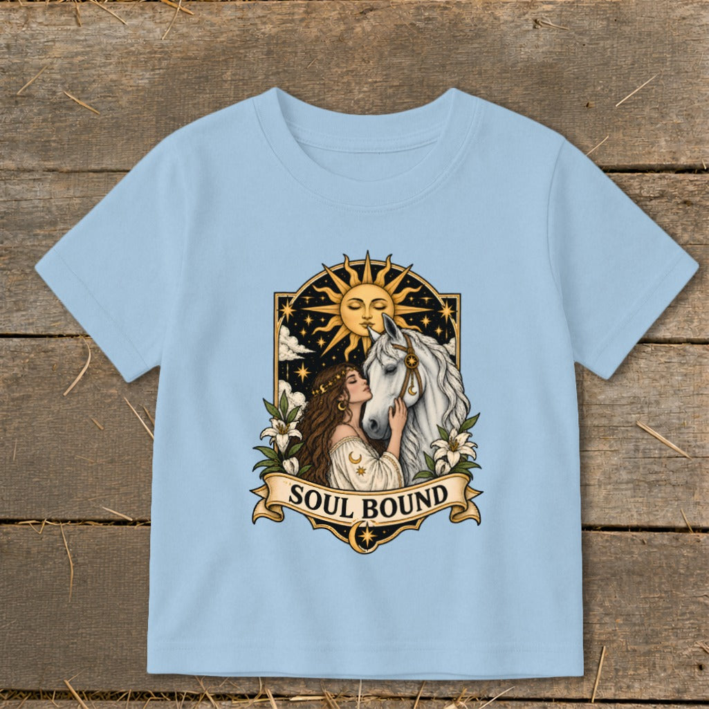 Illustration of woman kissing white horse with sun and text "SOUL BOUND".