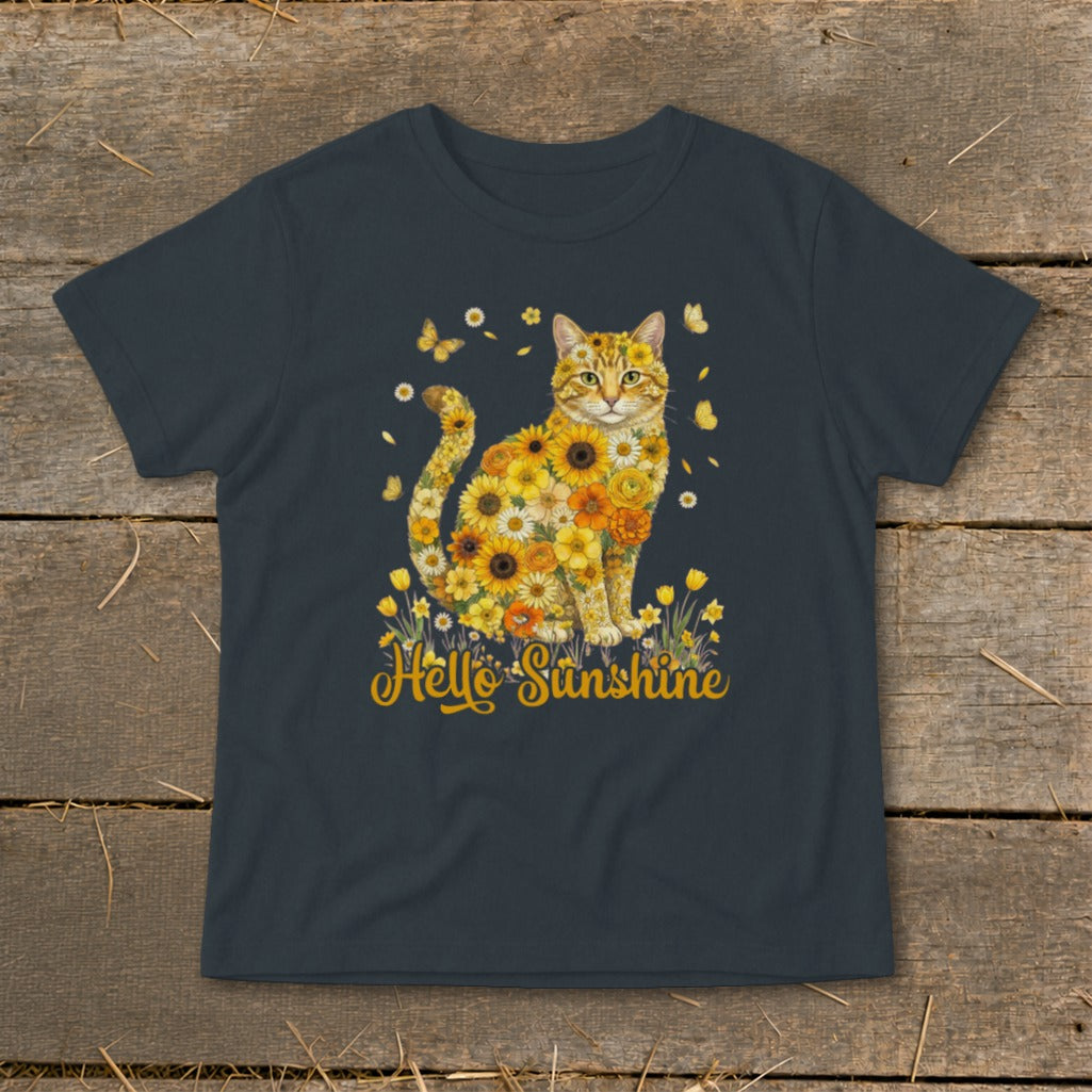 Dark t-shirt with a cat made of sunflowers and butterflies, saying "Hello Sunshine".