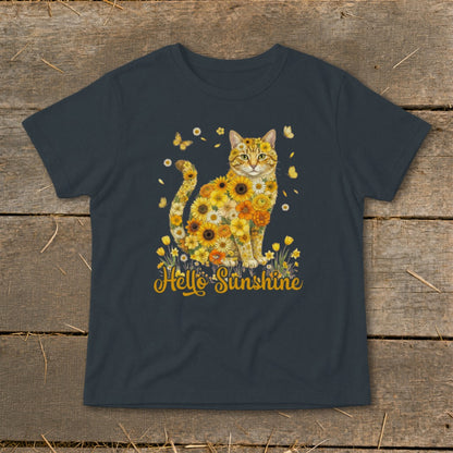 Dark t-shirt with a cat made of sunflowers and butterflies, saying "Hello Sunshine".