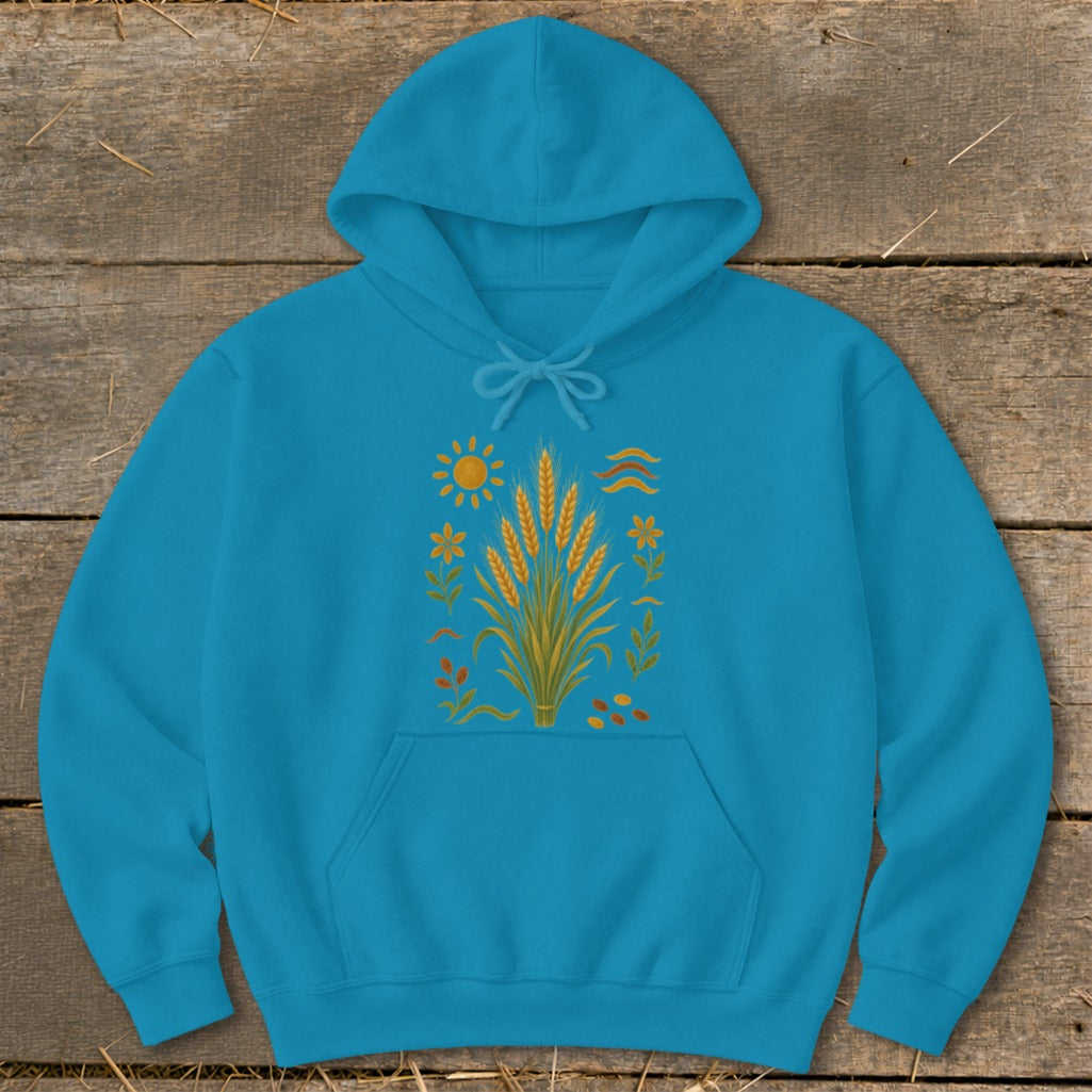 Turquoise hoodie with wheat stalk, sun, and floral design.