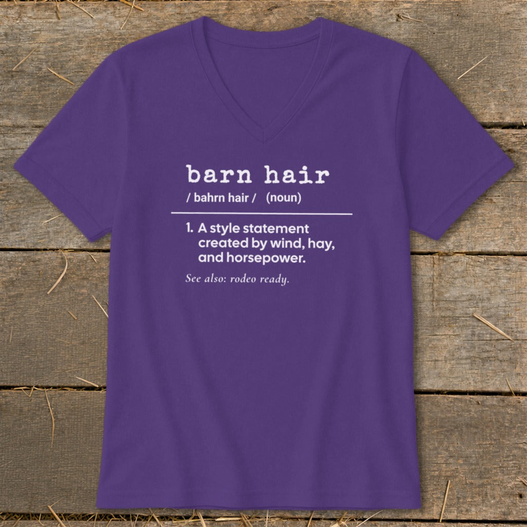 Purple V-neck t-shirt with "barn hair" definition and "rodeo ready" text.