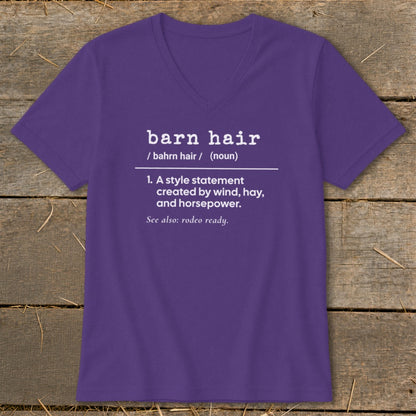 Purple V-neck t-shirt with "barn hair" definition and "rodeo ready" text.