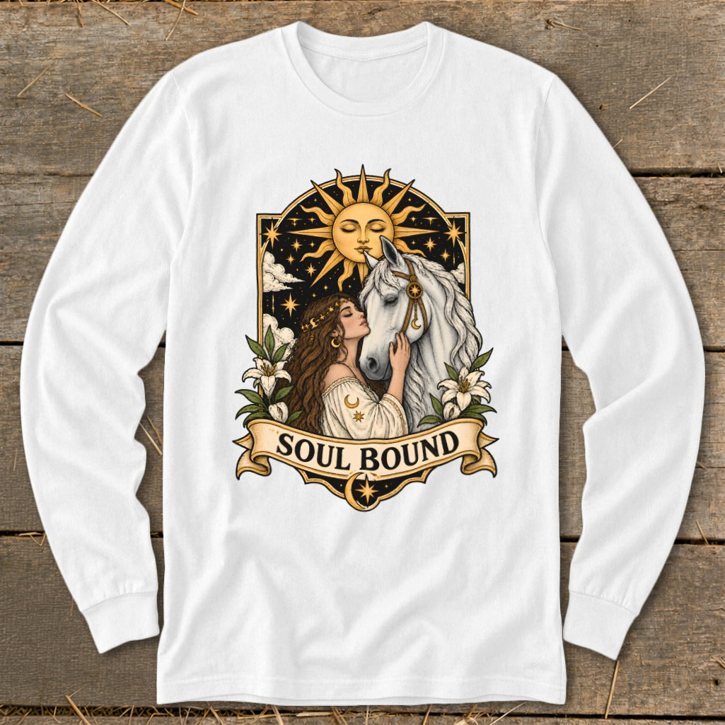 White long-sleeve shirt with "Soul Bound" graphic featuring a woman and white horse.