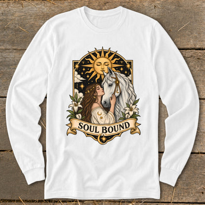 White long-sleeve shirt with "Soul Bound" graphic featuring a woman and white horse.