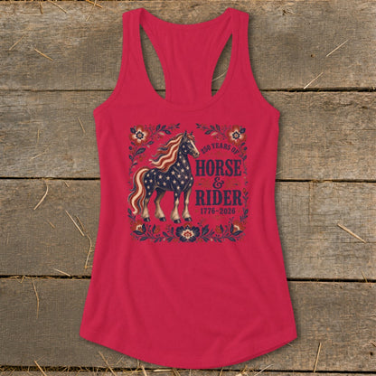 Red tank top with patriotic horse and "250 Years of Horse & Rider" text.