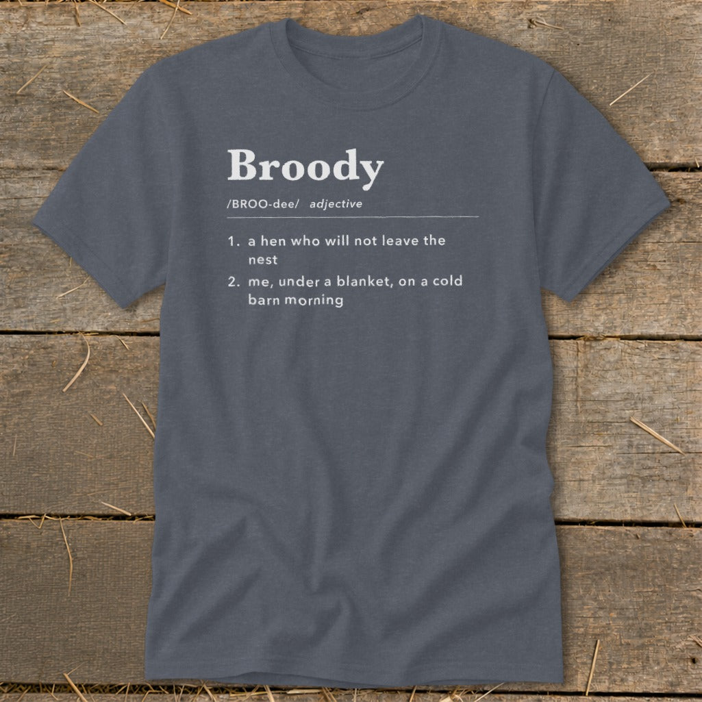 Broody definition shirt: "a hen who will not leave the nest" and "me, under a blanket".
