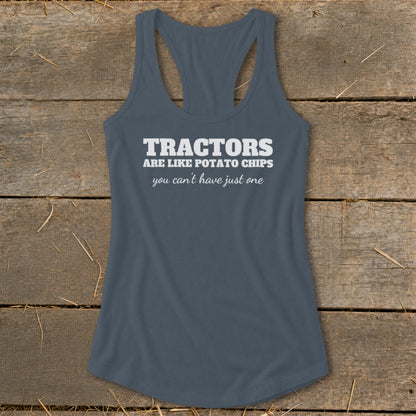 Blue tank top with white text: "Tractors are like potato chips you can't have just one."