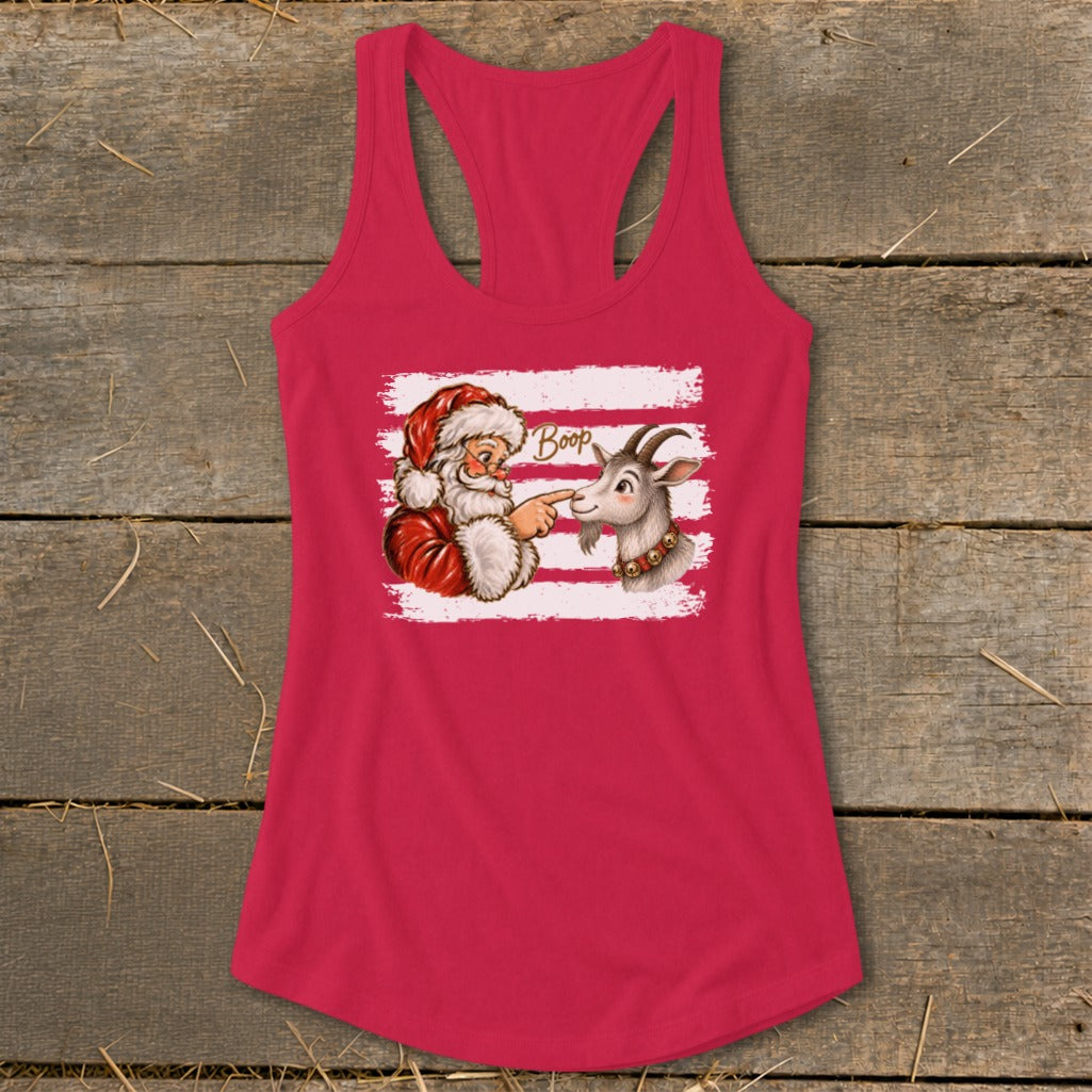 Santa boops a goat on a pink racerback tank top with a striped background.