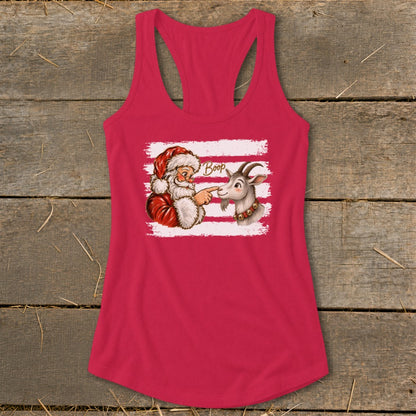 Santa boops a goat on a pink racerback tank top with a striped background.