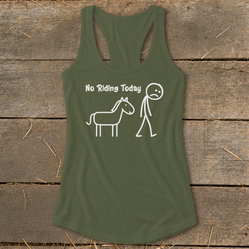 Olive green tank top with white text and stick figures of a horse and sad person.