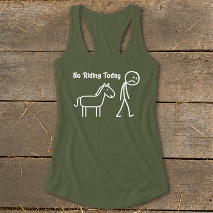 Olive green tank top with white text and stick figures of a horse and sad person.