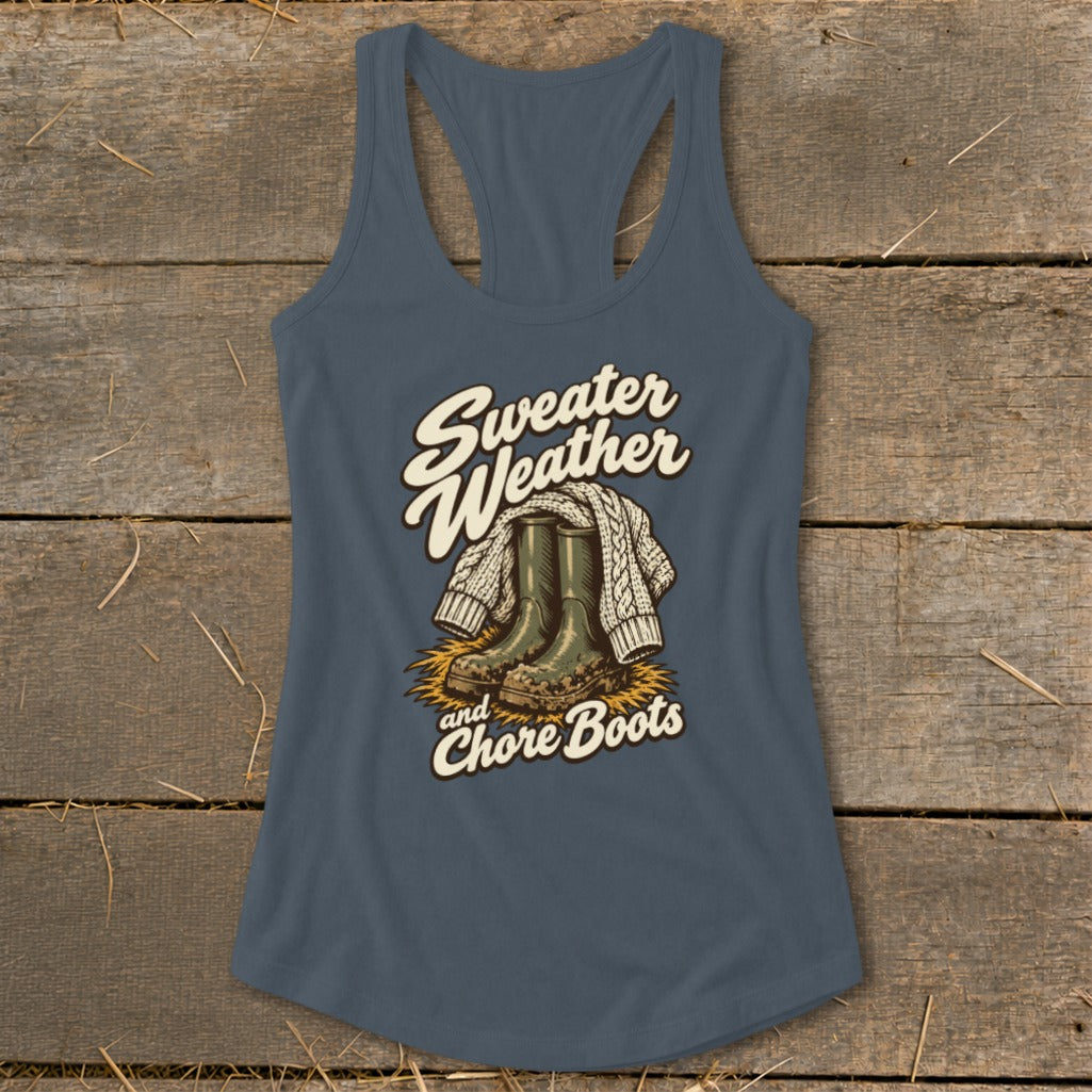Blue tank top with "Sweater Weather and Chore Boots" graphic featuring boots and a sweater.