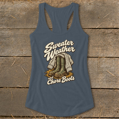 Blue tank top with "Sweater Weather and Chore Boots" graphic featuring boots and a sweater.