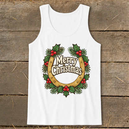 White tank top with horseshoe wreath graphic and "Merry Christmas" text.