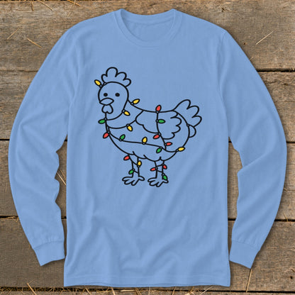 Light blue long sleeve shirt with a chicken outline decorated with colorful Christmas lights.