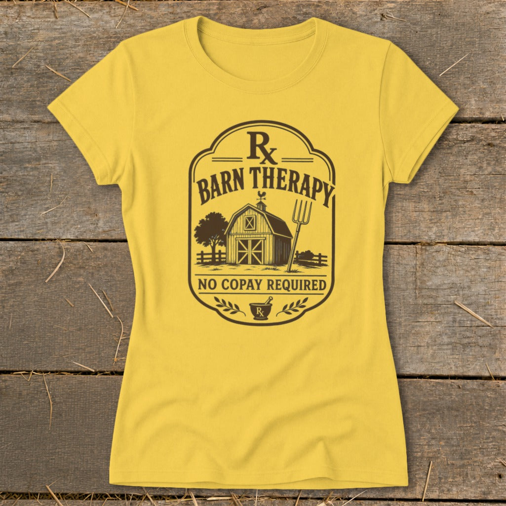 Yellow t-shirt with "Barn Therapy" design featuring a barn, pitchfork, and "No Copay Required."