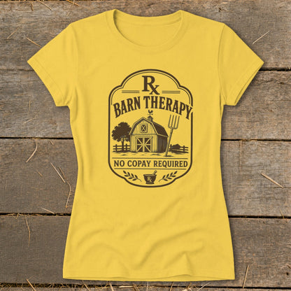 Yellow t-shirt with "Barn Therapy" design featuring a barn, pitchfork, and "No Copay Required."