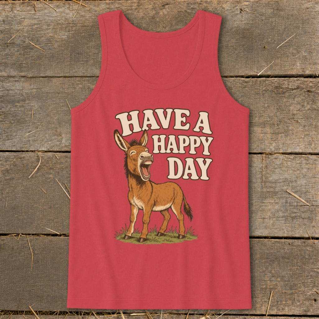 Tank top with cartoon donkey and text "Have a Happy Day".