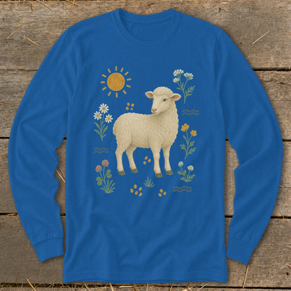 Blue long-sleeve shirt featuring a cream sheep surrounded by flowers and a sun.