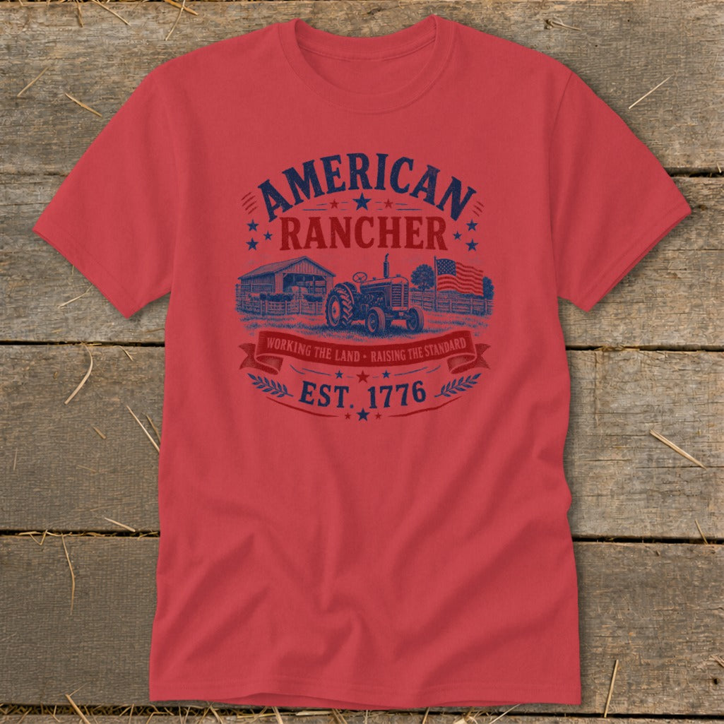 Red t-shirt with "American Rancher" and a tractor graphic.