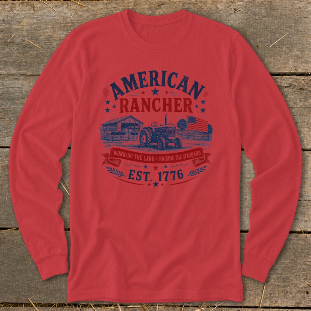 Red long sleeve shirt with "American Rancher Est. 1776" graphic.