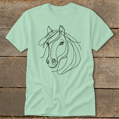 Light mint t-shirt with a black single-line horse head design.