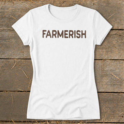 White t-shirt with "FARMERISH" printed in brown text.