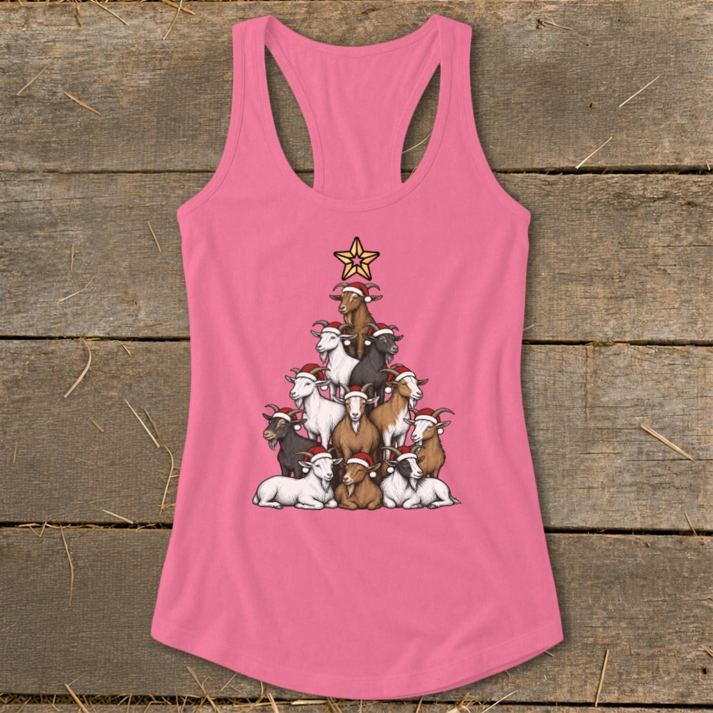 Pink tank top with a Christmas tree made of goats wearing Santa hats.