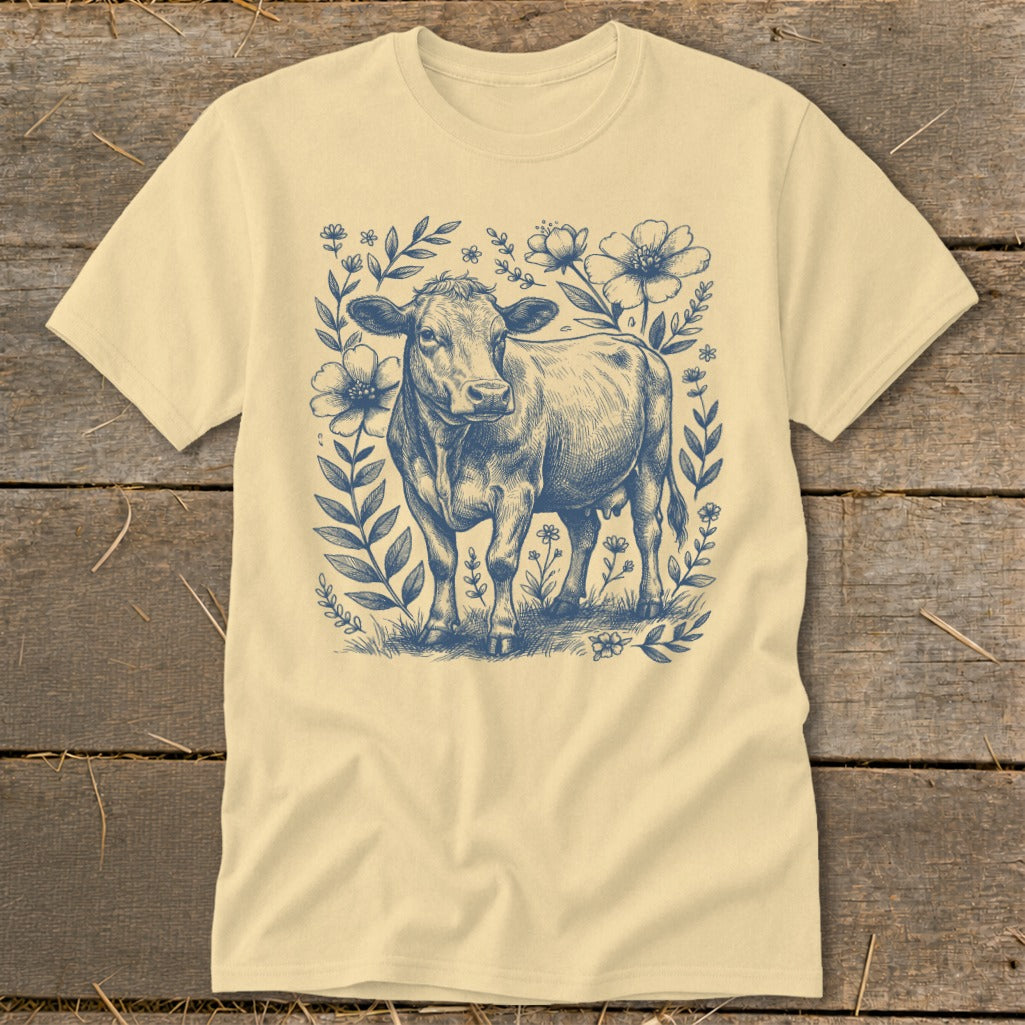 Cream t-shirt with a blue ink sketch of a cow surrounded by flowers and foliage.