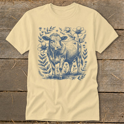 Cream t-shirt with a blue ink sketch of a cow surrounded by flowers and foliage.