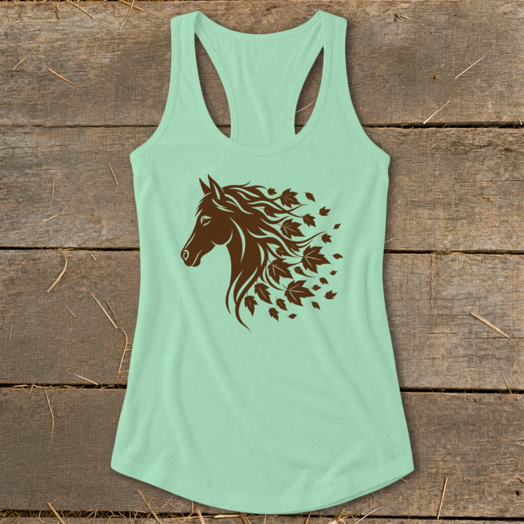 Pale mint green tank top with brown horse head and falling leaves graphic.