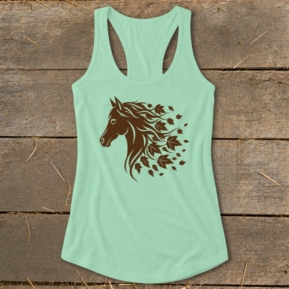 Pale mint green tank top with brown horse head and falling leaves graphic.