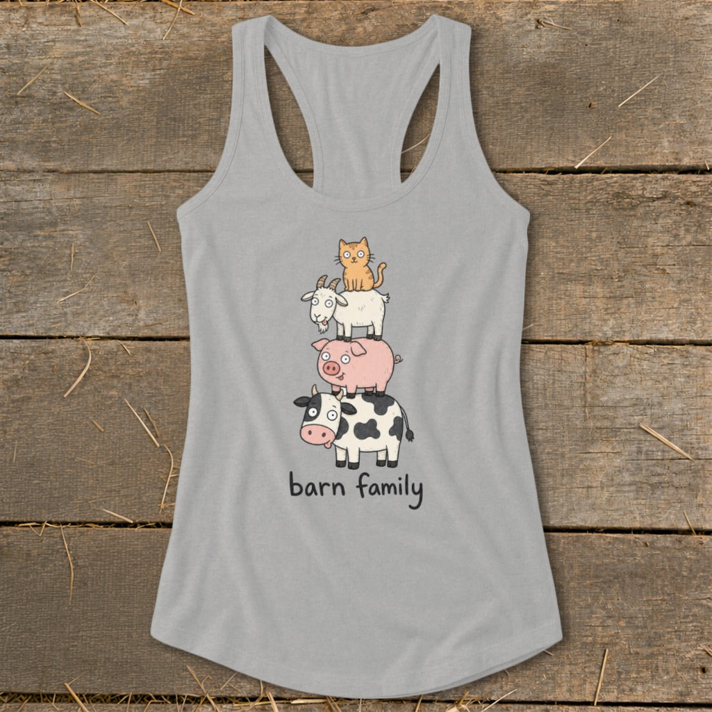 Grey tank top with stacked cow, pig, goat, and cat illustration with "barn family" text.