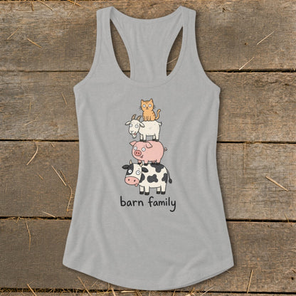 Grey tank top with stacked cow, pig, goat, and cat illustration with "barn family" text.