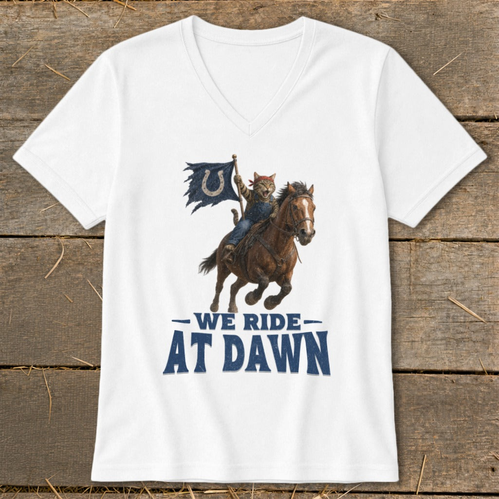 Cat riding horse with flag and text "WE RIDE AT DAWN"