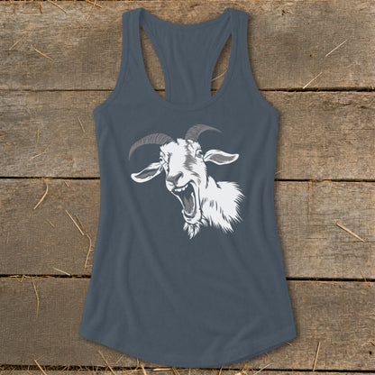 Screaming goat graphic on a charcoal racerback tank top.