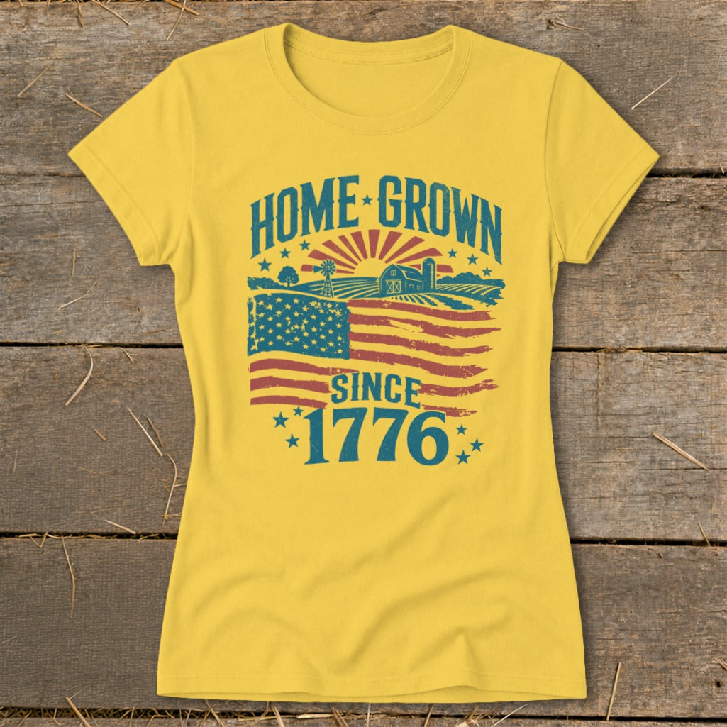 Yellow t-shirt with "HOME GROWN SINCE 1776" and American flag farm graphic.