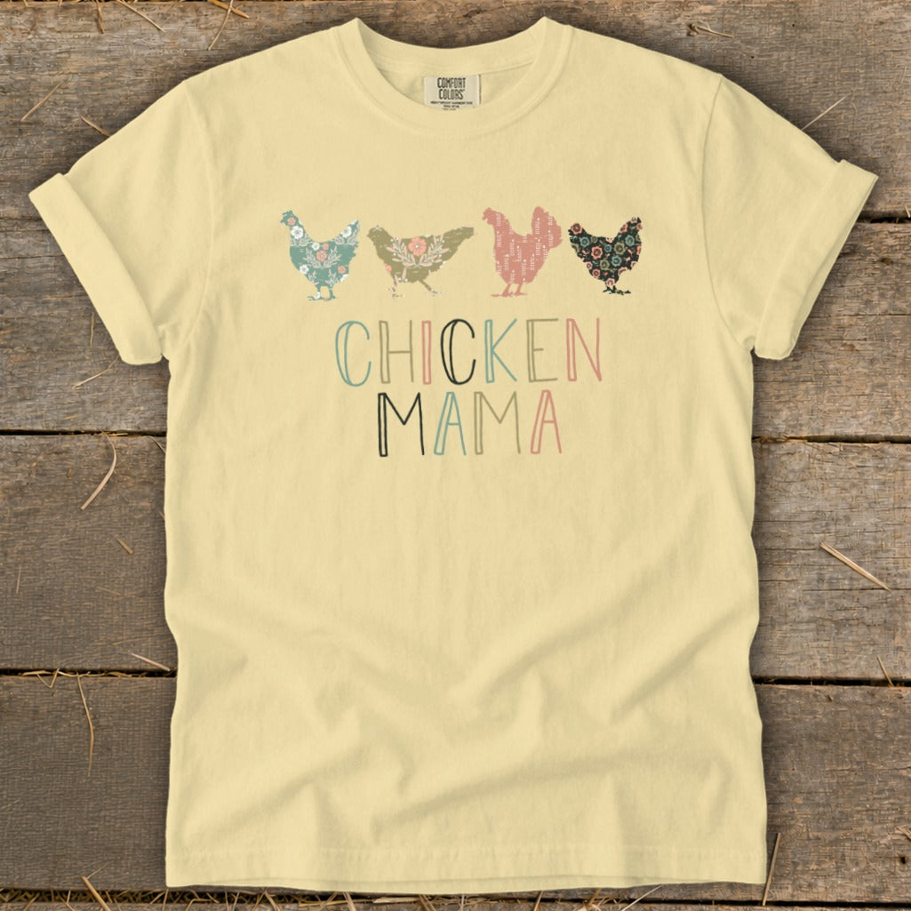 Pale yellow t-shirt with "CHICKEN MAMA" text and floral chickens.