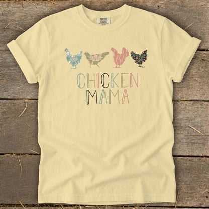Pale yellow t-shirt with "CHICKEN MAMA" text and floral chickens.
