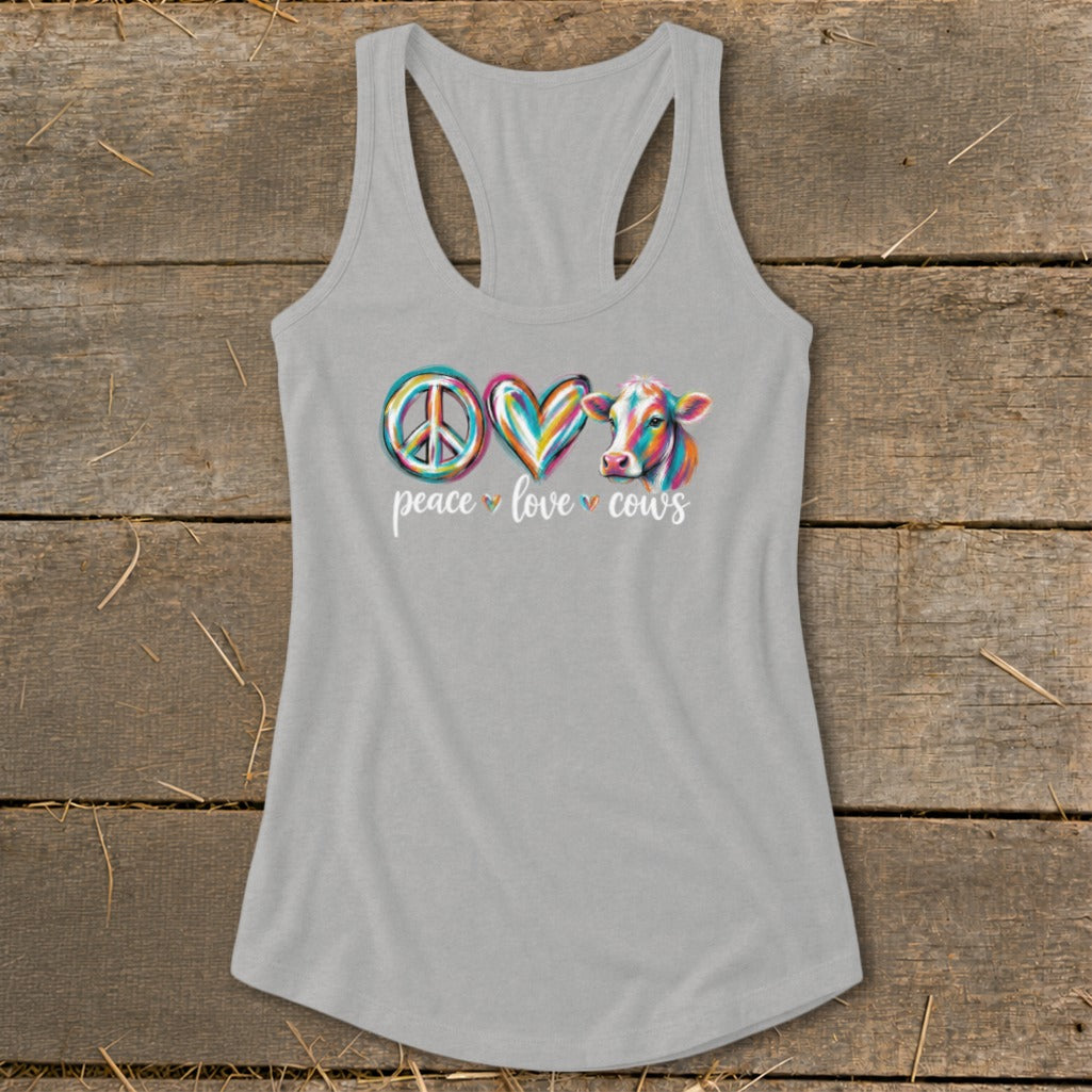 Gray tank top with peace sign, heart, and cow graphic and text.