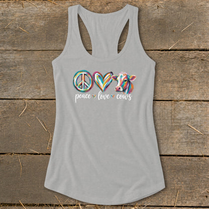 Gray tank top with peace sign, heart, and cow graphic and text.
