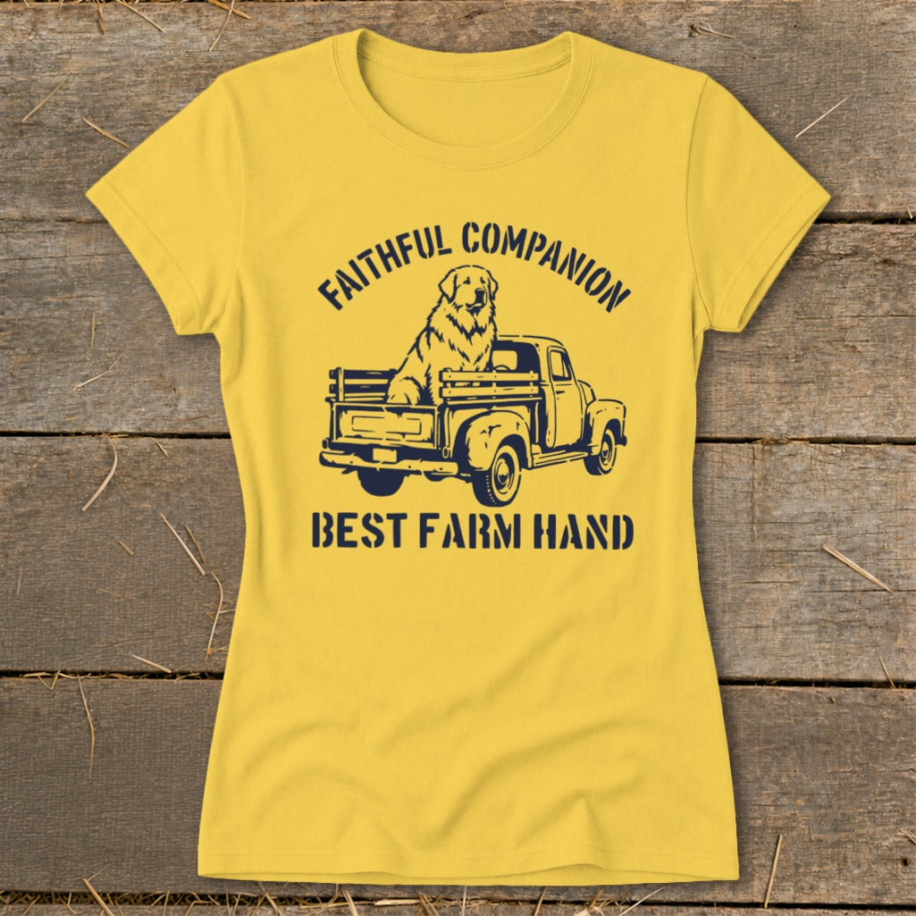 Yellow t-shirt with dark blue graphic of dog in truck, "FAITHFUL COMPANION," "BEST FARM HAND."