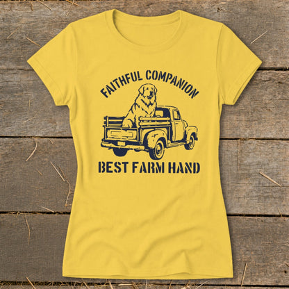 Yellow t-shirt with dark blue graphic of dog in truck, "FAITHFUL COMPANION," "BEST FARM HAND."