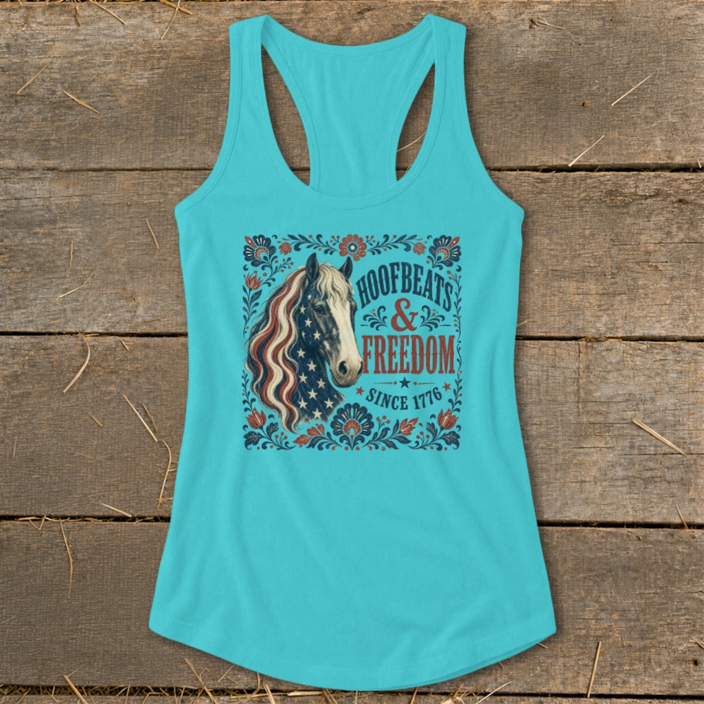 Turquoise tank top with horse graphic, "Hoofbeats & Freedom Since 1776".