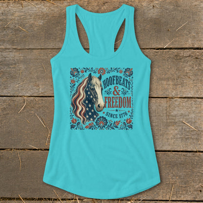 Turquoise tank top with horse graphic, "Hoofbeats & Freedom Since 1776".
