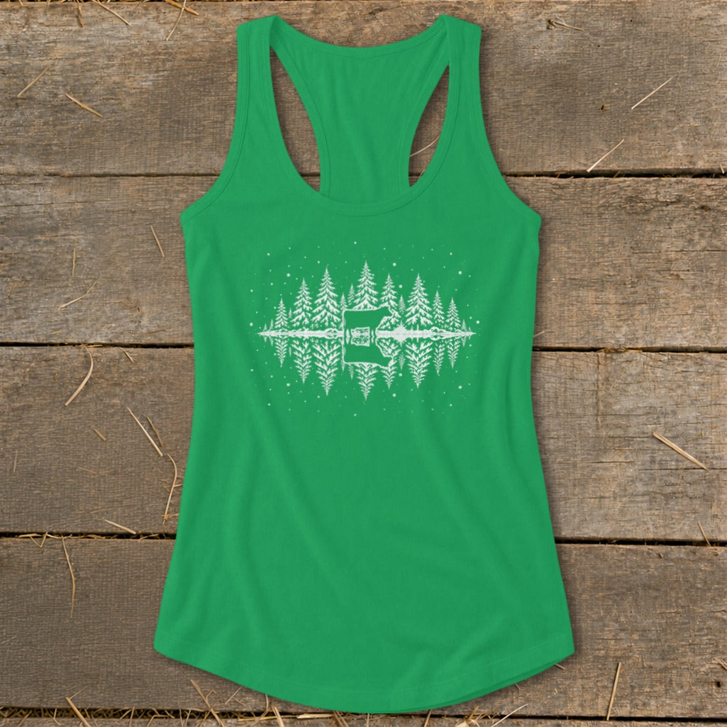 Green tank top with a white graphic of a forest and reflection.