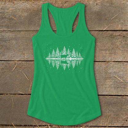 Green tank top with a white graphic of a forest and reflection.