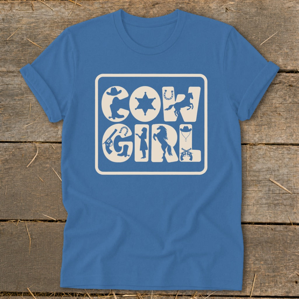 Blue t-shirt with white "Cowgirl" graphic featuring western icons.